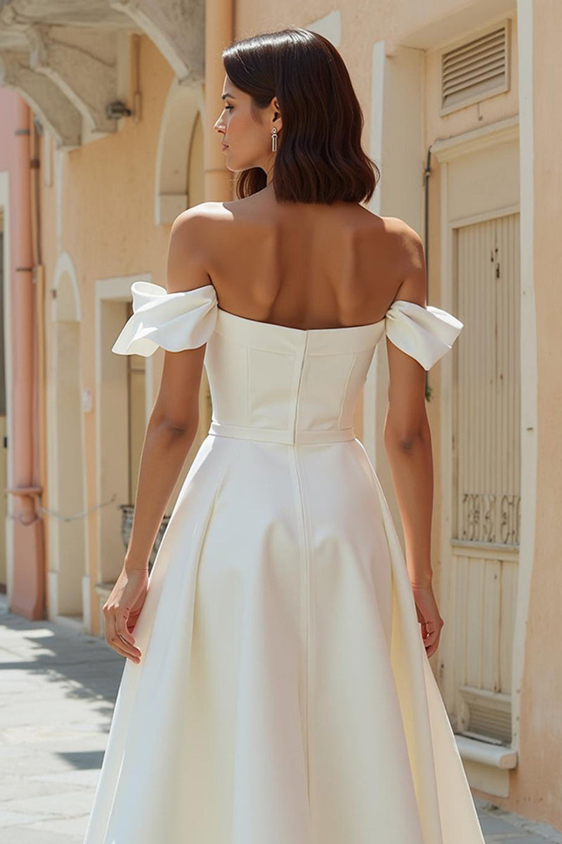 Load image into Gallery viewer, Satin White Off the Shoulder Midi Engagement Dress