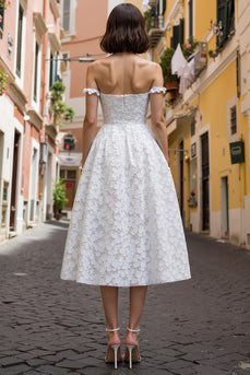 White Off the Shoulder Midi Lace Engagement Dress