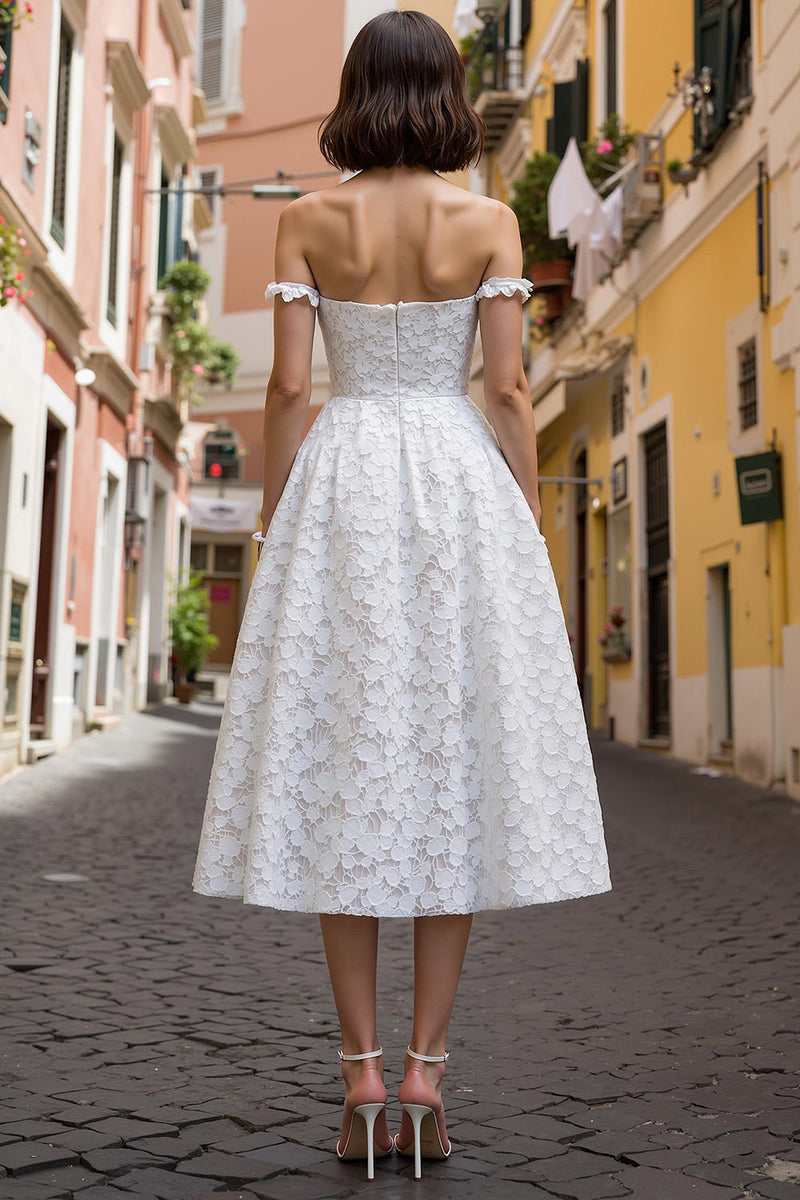 Load image into Gallery viewer, White Off the Shoulder Midi Lace Engagement Dress