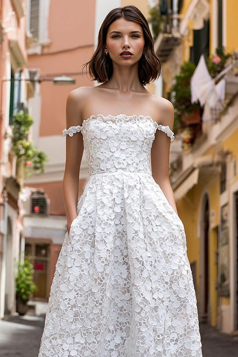 Load image into Gallery viewer, White Off the Shoulder Midi Lace Engagement Dress