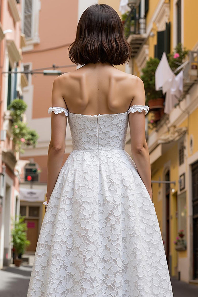 Load image into Gallery viewer, White Off the Shoulder Midi Lace Engagement Dress