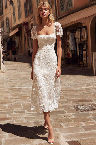 Ivory Square Neck Lace Midi Engagement Dress