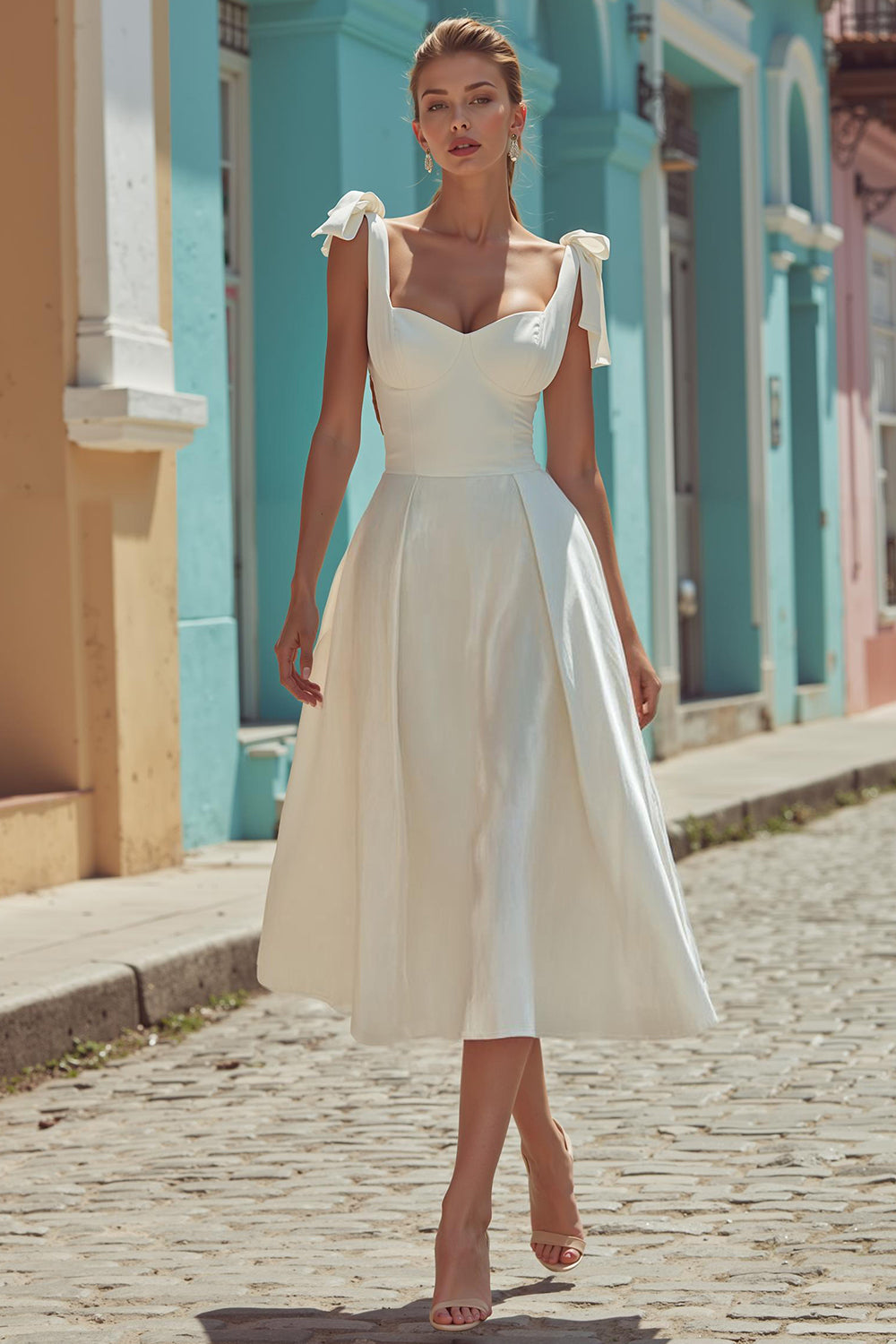 White Satin Thick Straps A line Midi Engagement Dress with Bows