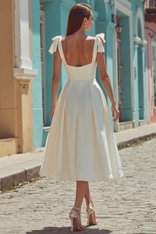 White Satin Thick Straps A line Midi Engagement Dress with Bows