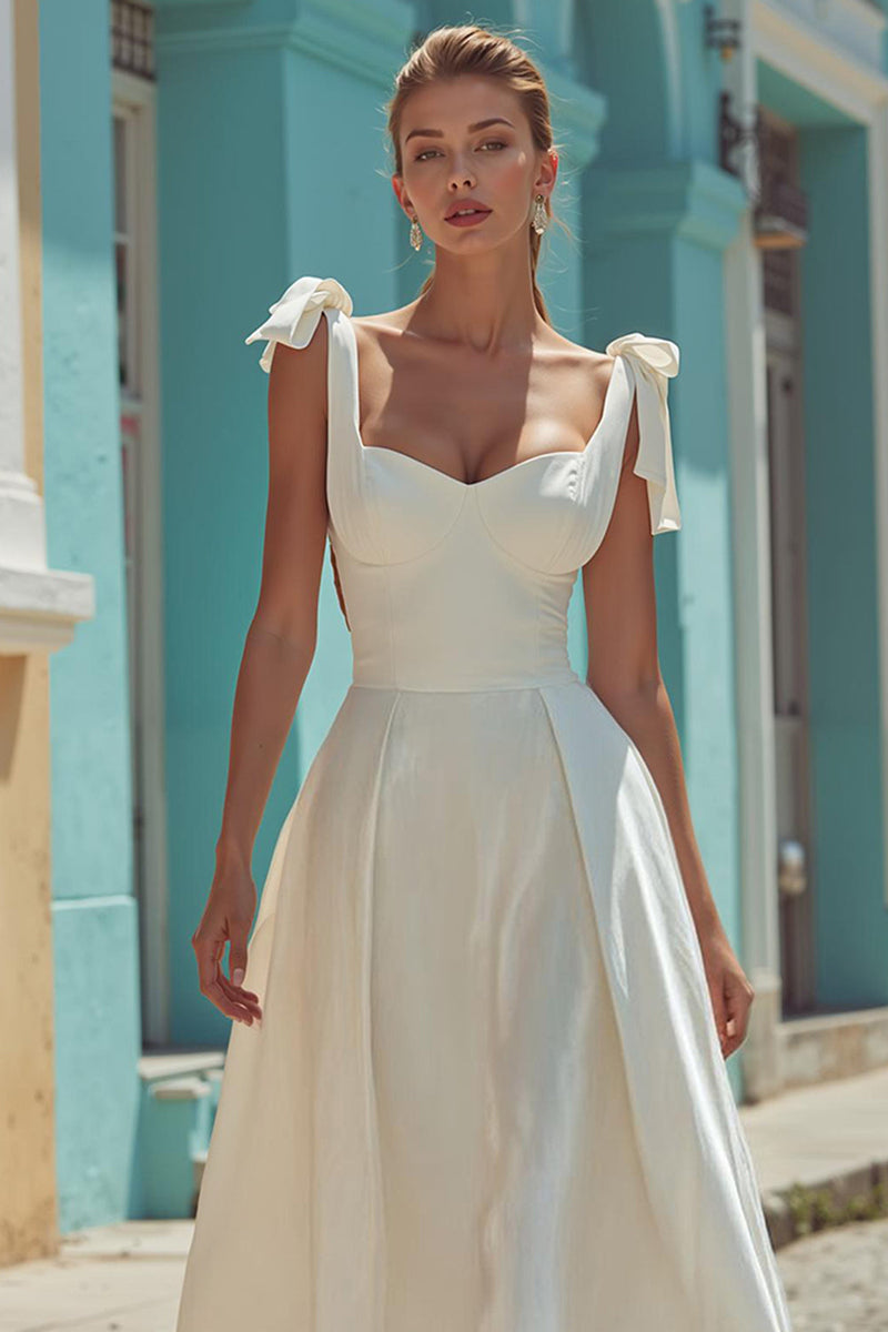 Load image into Gallery viewer, White Satin Thick Straps A line Midi Engagement Dress with Bows