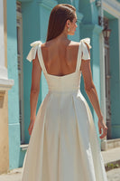 Load image into Gallery viewer, White Satin Thick Straps A line Midi Engagement Dress with Bows