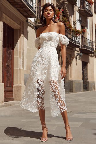Ivory Off the Shoulder A Line Midi Engagement Dress