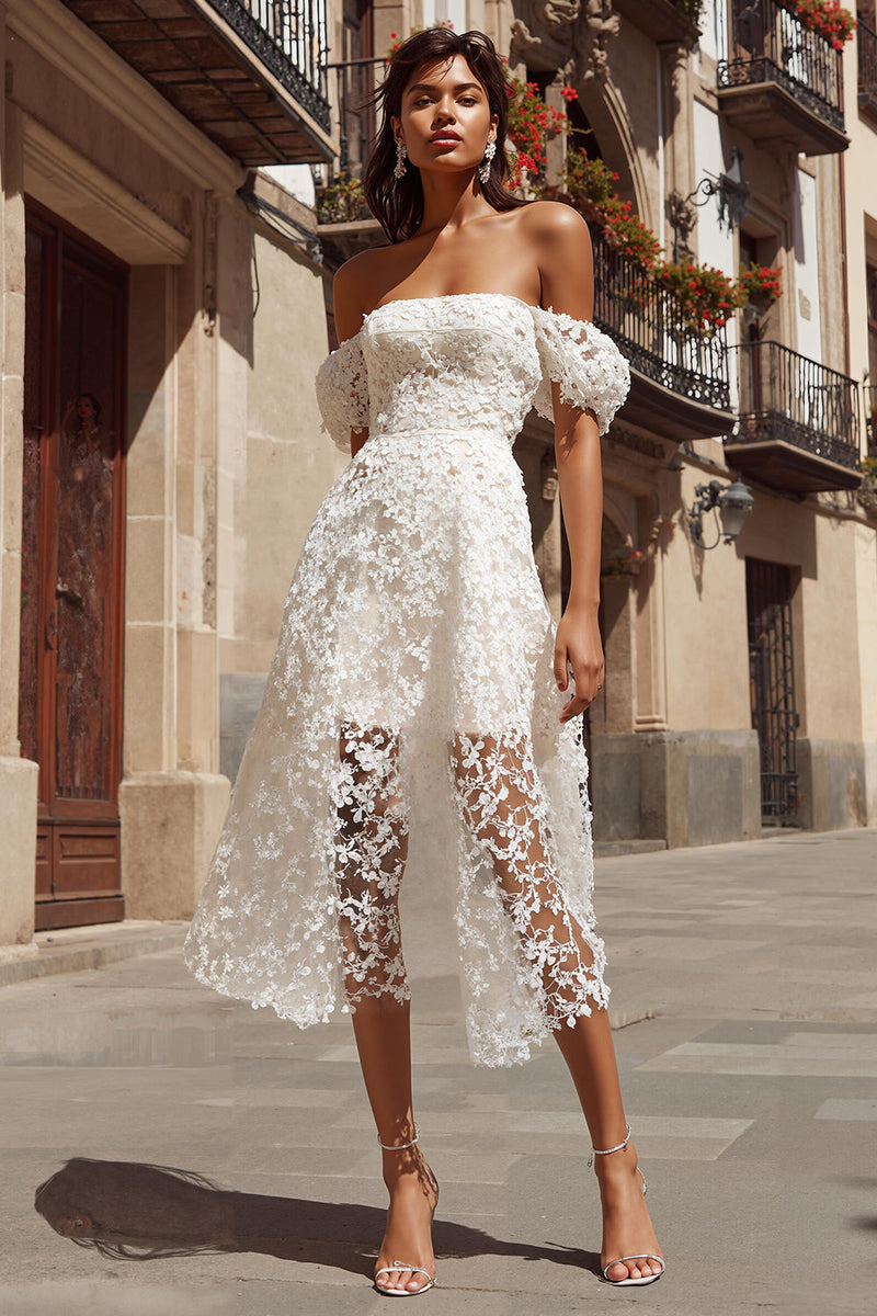 Load image into Gallery viewer, Ivory Off the Shoulder A Line Midi Engagement Dress