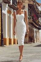 Load image into Gallery viewer, Ivory Lace Bodycon Thick Straps Midi Engagement Dress