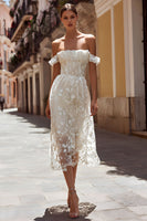 Load image into Gallery viewer, Off the Shoulder Floral Ivory Midi Wedding Reception Dress
