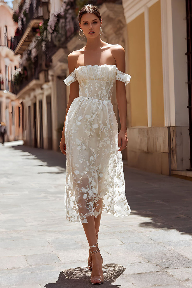 Load image into Gallery viewer, Off the Shoulder Floral Ivory Midi Wedding Reception Dress