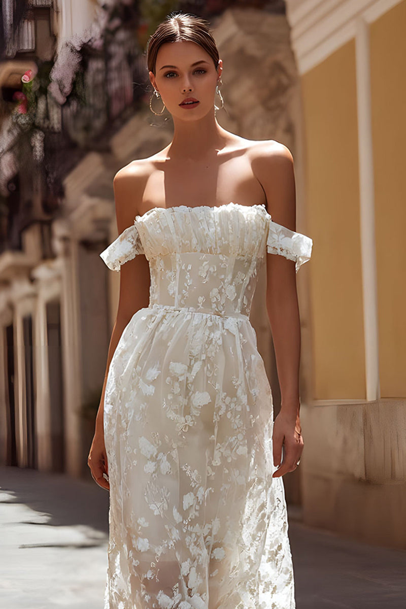 Load image into Gallery viewer, Off the Shoulder Floral Ivory Midi Wedding Reception Dress
