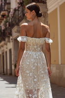 Load image into Gallery viewer, Off the Shoulder Floral Ivory Midi Wedding Reception Dress