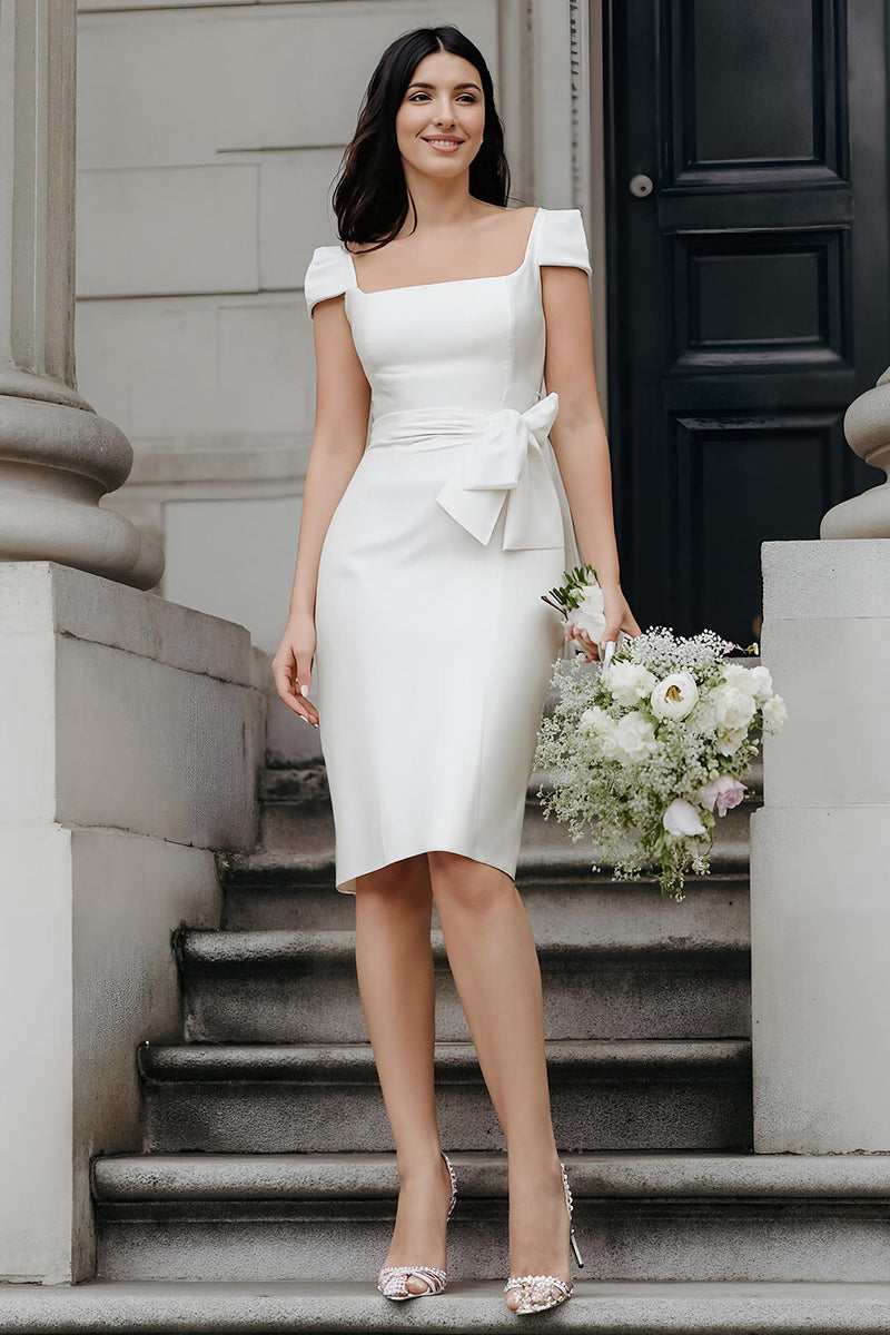 Load image into Gallery viewer, White Bodycon Square Neck Midi Wedding Reception Dress