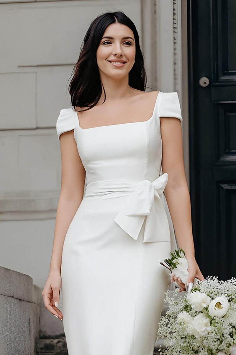 Load image into Gallery viewer, White Bodycon Square Neck Midi Wedding Reception Dress
