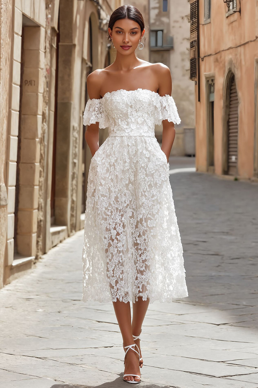 White Off the Shoulder Lace Midi Engagement Dress