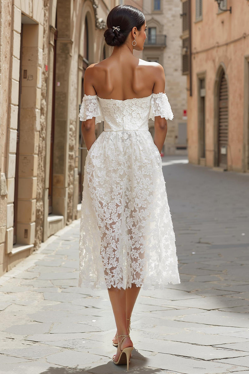 Load image into Gallery viewer, White Off the Shoulder Lace Midi Engagement Dress