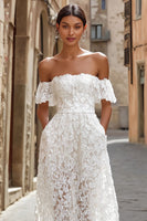 Load image into Gallery viewer, White Off the Shoulder Lace Midi Engagement Dress