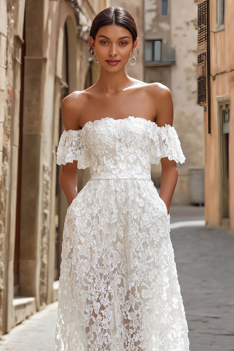 Load image into Gallery viewer, White Off the Shoulder Lace Midi Engagement Dress