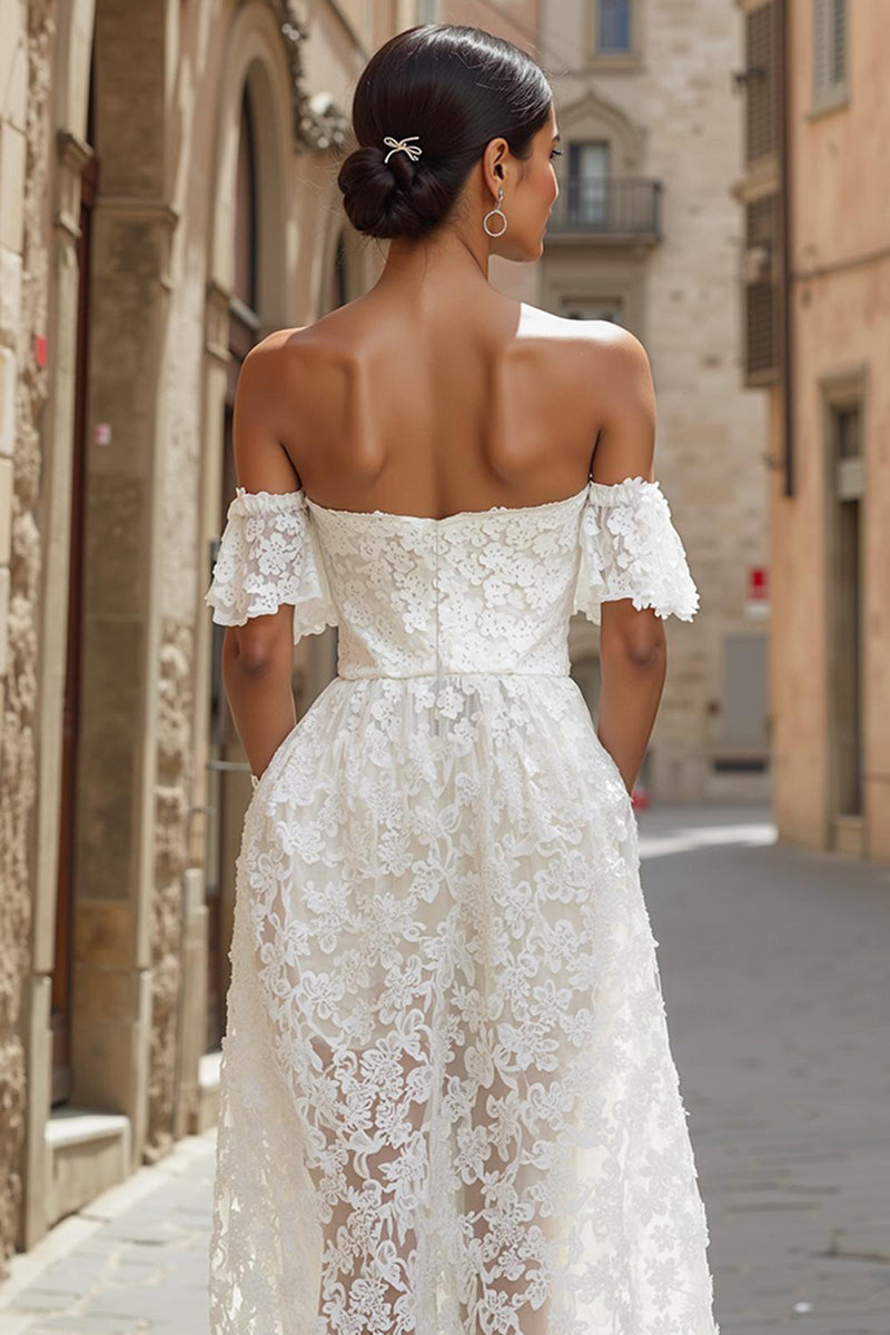 Load image into Gallery viewer, White Off the Shoulder Lace Midi Engagement Dress