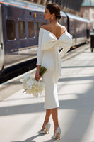 Load image into Gallery viewer, White  BodyconOff the Shoulder Midi Engagement Dress with Bow