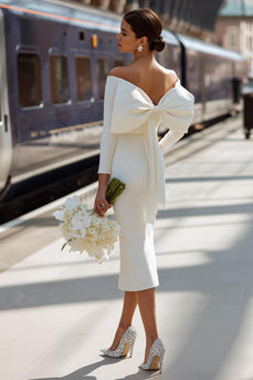 White  BodyconOff the Shoulder Midi Engagement Dress with Bow
