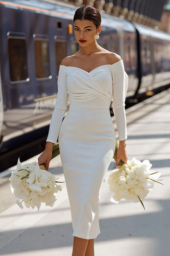 White  BodyconOff the Shoulder Midi Engagement Dress with Bow