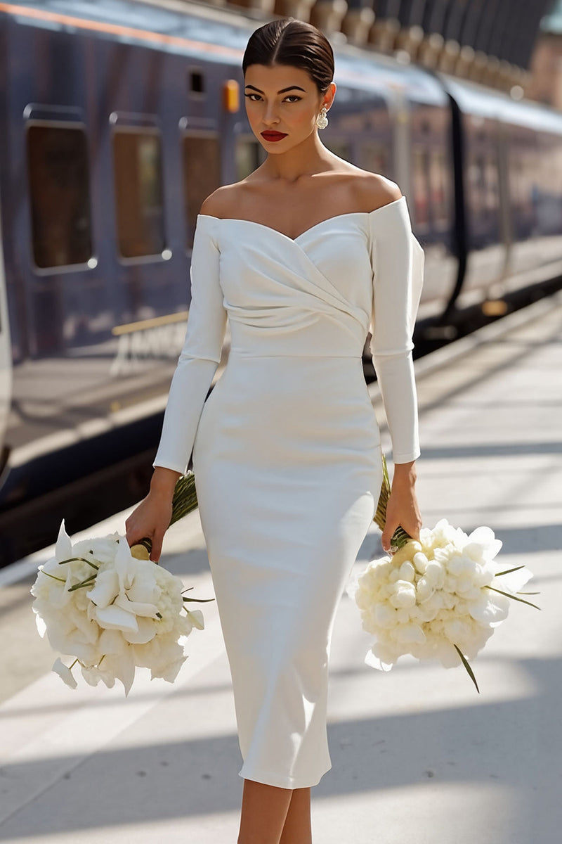 Load image into Gallery viewer, White  BodyconOff the Shoulder Midi Engagement Dress with Bow