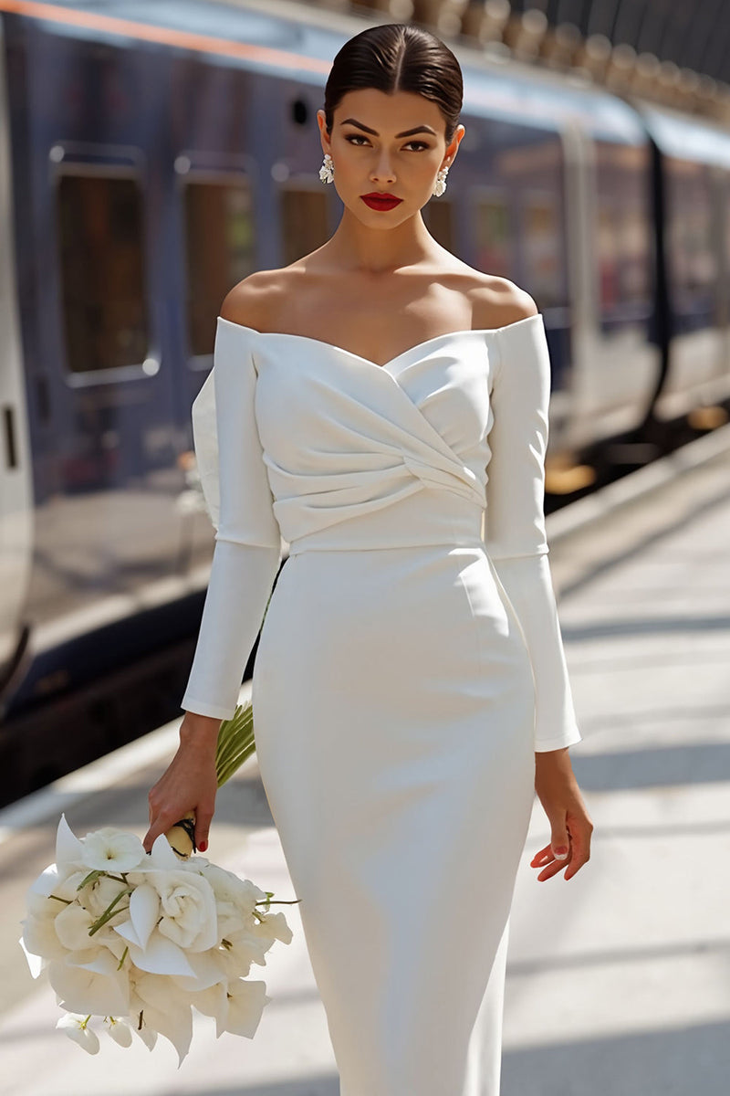 Load image into Gallery viewer, White  BodyconOff the Shoulder Midi Engagement Dress with Bow