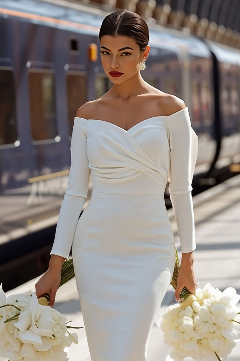 Load image into Gallery viewer, White  BodyconOff the Shoulder Midi Engagement Dress with Bow