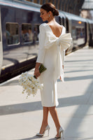 Load image into Gallery viewer, White Bodycon Round Neck Midi Engagement Dress with Bow