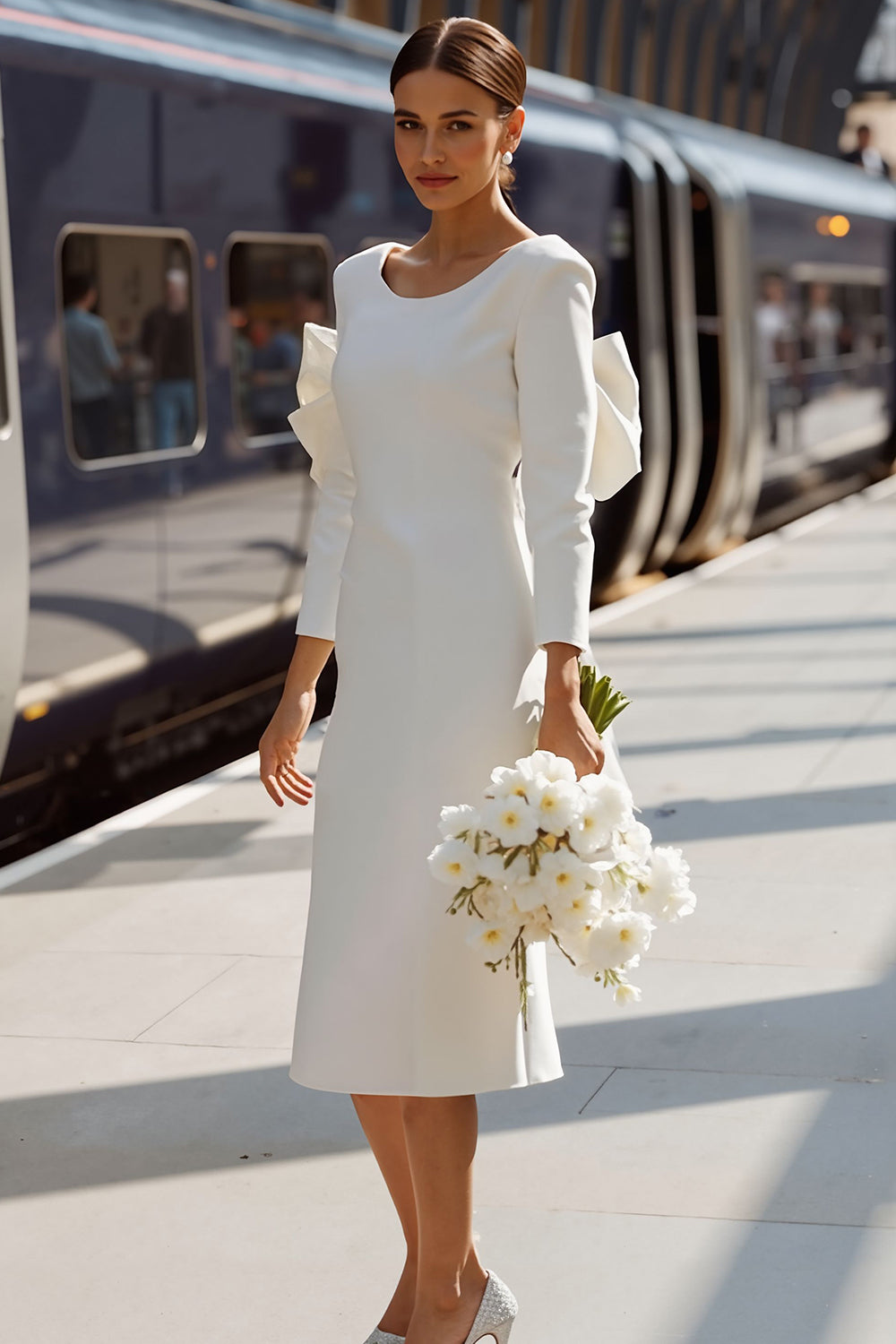 White Bodycon Round Neck Midi Engagement Dress with Bow
