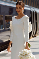 Load image into Gallery viewer, White Bodycon Round Neck Midi Engagement Dress with Bow
