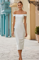 Load image into Gallery viewer, White Off the Shoulder Bodycon Midi Engagement Dress