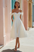Load image into Gallery viewer, White Off the Shoulder A Line Midi Engagement Dress with Bows