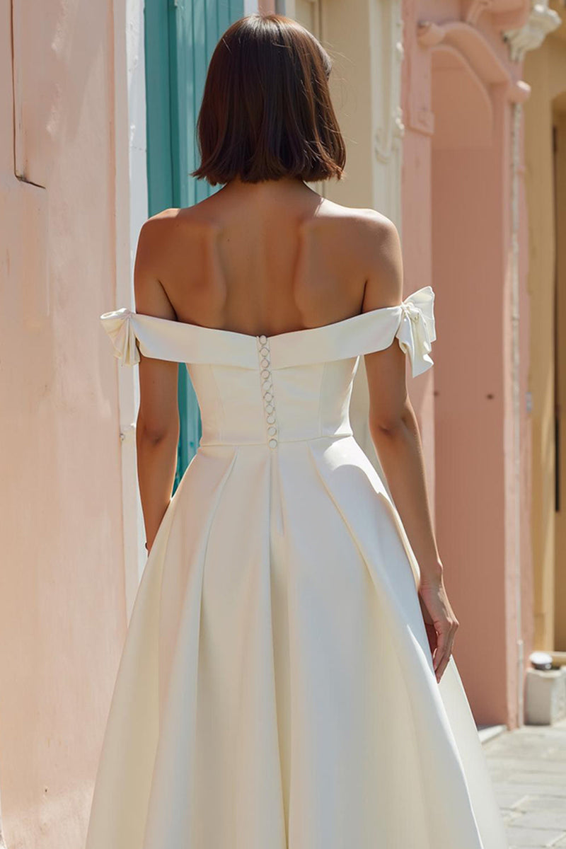 Load image into Gallery viewer, White Off the Shoulder A Line Midi Engagement Dress with Bows