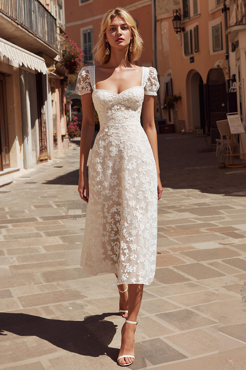 Load image into Gallery viewer, Ivory Appliqued Floral A Line Midi Engagement Dress