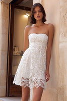Load image into Gallery viewer, White Lace A Line Strapless Short Bachelorette Dress