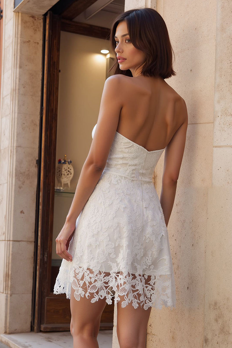 Load image into Gallery viewer, White Lace A Line Strapless Short Bachelorette Dress