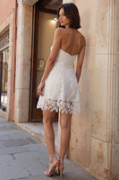Load image into Gallery viewer, White Lace A Line Strapless Short Bachelorette Dress
