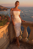 Load image into Gallery viewer, Off the Shoulder Ivory Lace Bodycon Midi Engagement Dress