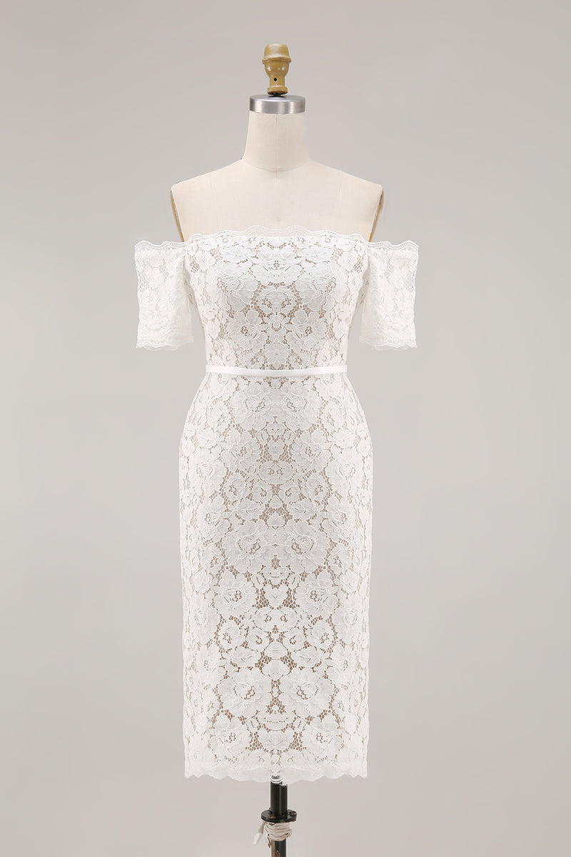 Load image into Gallery viewer, Off the Shoulder Ivory Lace Bodycon Midi Engagement Dress