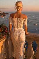Load image into Gallery viewer, Off the Shoulder Ivory Lace Bodycon Midi Engagement Dress