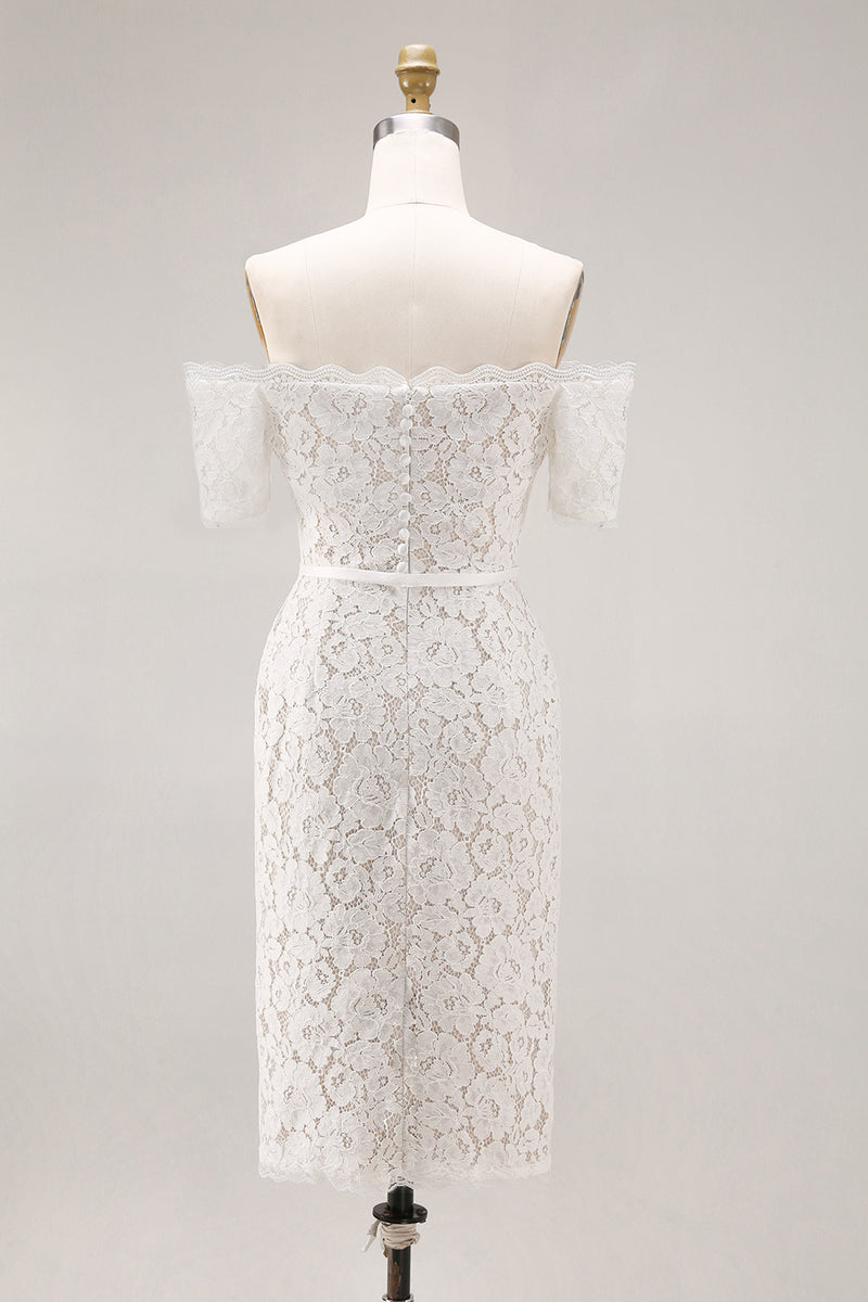Load image into Gallery viewer, Off the Shoulder Ivory Lace Bodycon Midi Engagement Dress