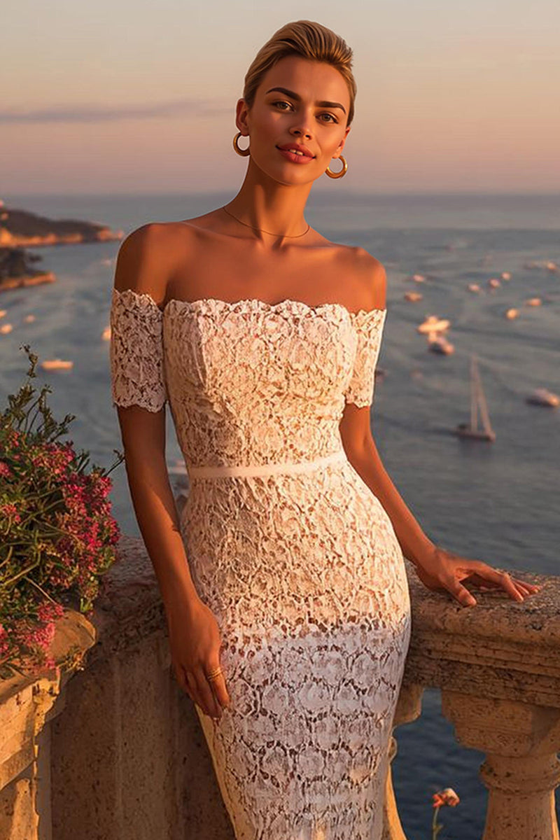 Load image into Gallery viewer, Off the Shoulder Ivory Lace Bodycon Midi Engagement Dress