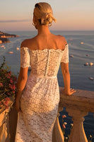Load image into Gallery viewer, Off the Shoulder Ivory Lace Bodycon Midi Engagement Dress