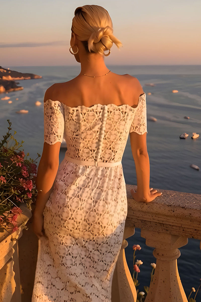 Load image into Gallery viewer, Off the Shoulder Ivory Lace Bodycon Midi Engagement Dress