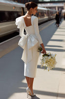 Load image into Gallery viewer, White Ruffled Square Neck Bodycon Midi Wedding Reception Dress with Bow