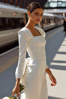 Load image into Gallery viewer, White Ruffled Square Neck Bodycon Midi Wedding Reception Dress with Bow
