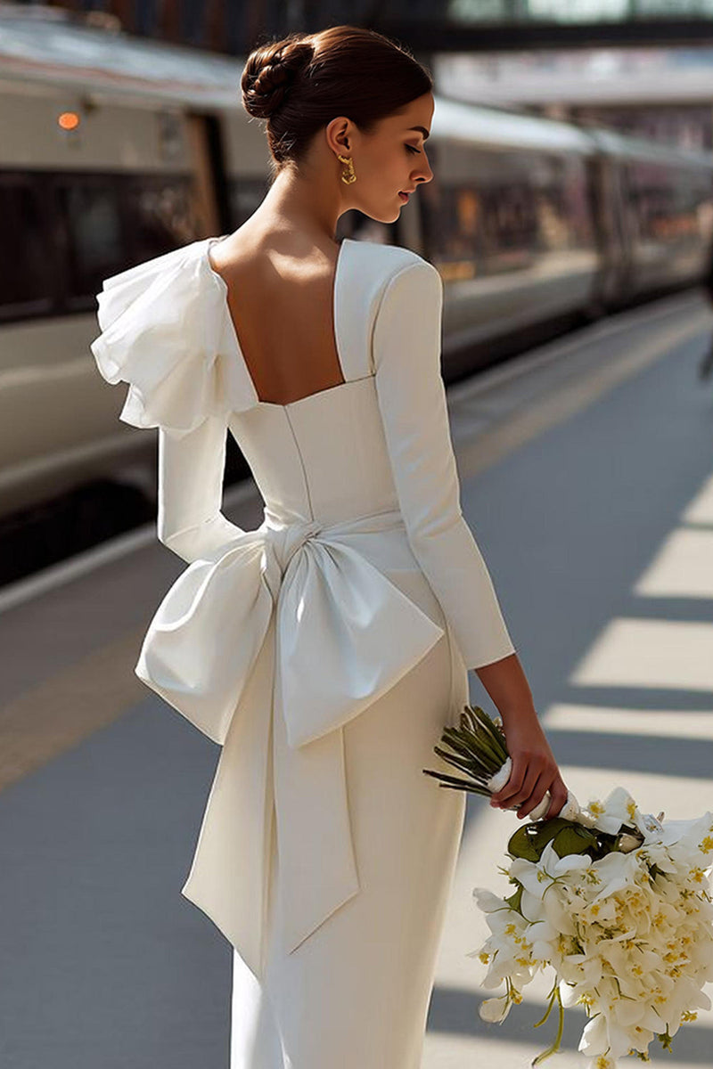 Load image into Gallery viewer, White Ruffled Square Neck Bodycon Midi Wedding Reception Dress with Bow